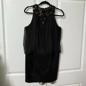Jessica McClintock Black Beaded Halter Faux 2 PC Mini Dress 90s Y2K